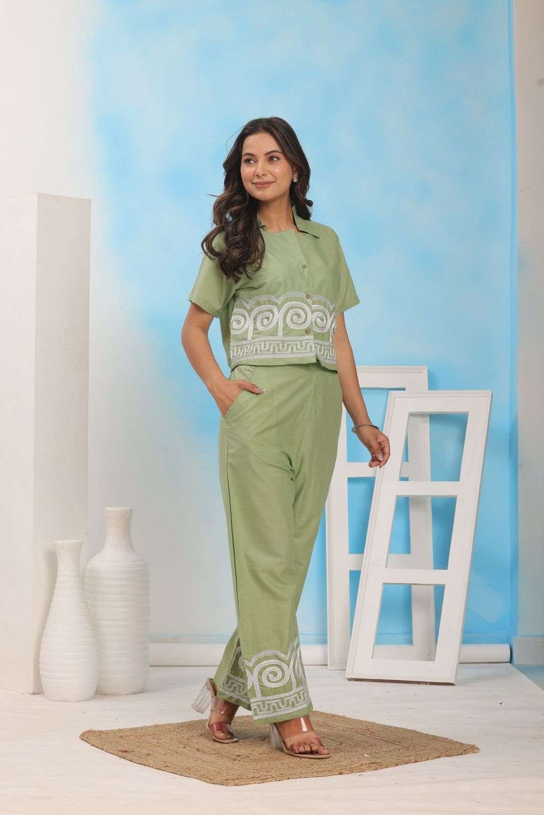 Women's Cotton Embroidered Crop top Co-Ord Set Coordinate Set Summer Wear Printed Crop Top with Pant Set